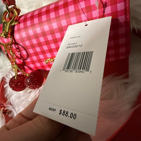 Betsy Johnson 🍒 Pink and Red Plaid Cross Body Bag + Piper Red Cherry Bag Charm - Picture 2 of 5